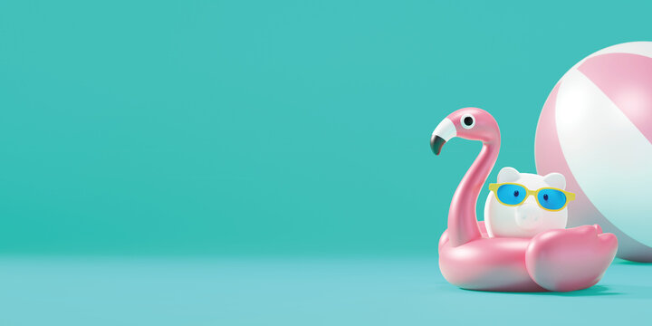 Travel savings concept design of piggy bank with sunglasses and inflatable flamingo 3D render