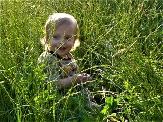 little child playing in grass