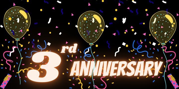 3rd anniversary template with balloons and confetti on black background 