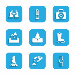 Set Tree, Fish, Wrist watch, Waterproof rubber boot, Campfire, Mountains, First aid kit and Binoculars icon. Vector
