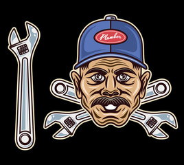 Plumber man head with mustache in cap hat and adjustable wrench vector objects or design elements in colorful style isolated on dark background
