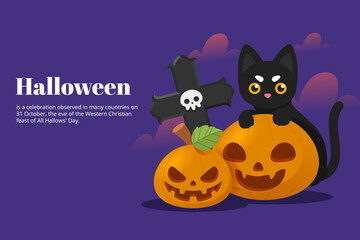 Black Cat on top of Hallloween Pumpkin at Grave