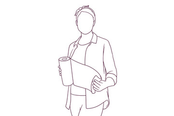 housewife standing while hold a paper towel hand drawn style vector illustration