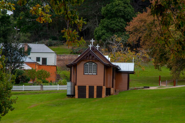 Fototapeta na wymiar Port Arthur Australia, church or chapel in village surrounded by lawn