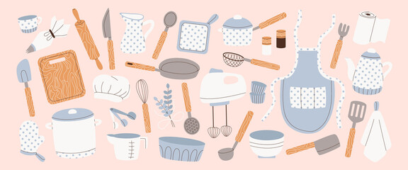 Homemade bakery, cooking, kitchenware set. Kitchen and baking utensils, supplies, tools, equipment, cutlery. Cook appliances, accessories collection. Flat vector illustrations of cookware objects.