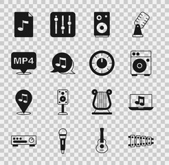 Set Xylophone, Laptop with music, Guitar amplifier, Stereo speaker, Music note, tone, MP4 file document, MP3 and Sound mixer controller icon. Vector