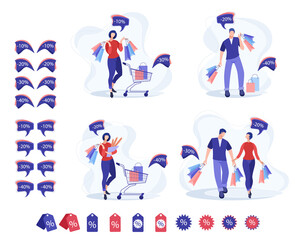 A woman and a man are standing and holding packages and shopping bags next to a supermarket trolley. Set of vector illustrations concept of shopping and marketing. Discounts on goods.
