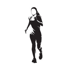 Run, running woman logo, abstract isolated vector silhouette, front view. Ink drawing