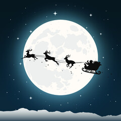 Silhouette of Santa's sleigh and reindeers on full moon background