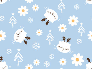 Christmas seamless pattern with cat cartoons, pine tree, daisy flower and snowflakes on blue background vector illustration.