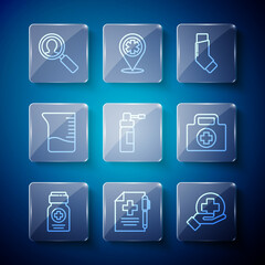 Set line Medicine bottle, Medical prescription and pen, Cross hospital medical, Inhaler, Bottle with nozzle spray, Measuring cup, analysis and First aid kit icon. Vector