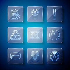 Set line Hockey puck, Jump rope, Stopwatch, Baseball bat, Sport mechanical scoreboard, Billiard balls in rack triangle, Checklist clipboard and tennis and Bowling icon. Vector