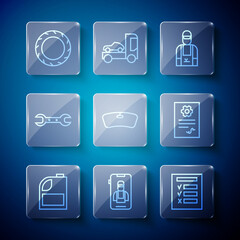 Set line Canister for motor machine oil, Online car services, Car inspection, mechanic, Windshield, Wrench spanner, tire wheel and Auto check automotive icon. Vector