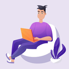 Work at home, coworking, illustration concept. Young man working on laptop at home, quarantined at home. Online career, Freelancers working remotely. Vector illustration in flat style with gradient