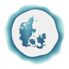 Denmark logo. Badge of the country. Layered circular sign around Denmark border shape. Attractive vector illustration.