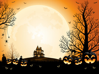 Fototapeta na wymiar Halloween pumpkins, spooky trees and haunted house with moonlight on orange background.
