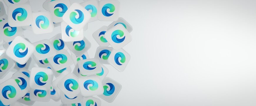 Microsoft Edge browser logo on floating translucent blocks. Editorial 3D rendering