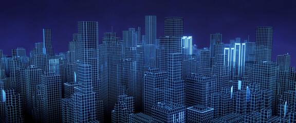 Wireframe city of digital skyscrapers. 3D rendering