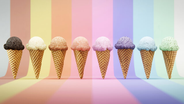 Standing ice cream cones forming a rainbow color spectrum. 3D rendering