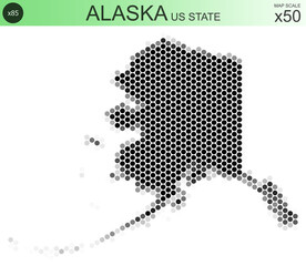 Dotted map of the state of Alaska in the USA, from circles placed in hexagons. Scaled 50x50 elements. With rough edges from a grayscale gradient on a white background.