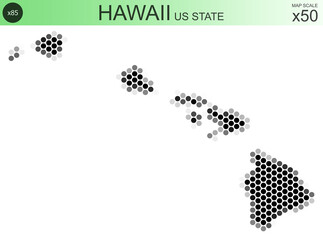 Dotted map of the state of Hawaii in the USA, from circles placed in hexagons. Scaled 50x50 elements. With rough edges from a grayscale gradient on a white background.