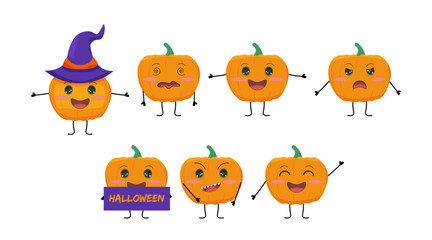 Vector Pumpkin set. Cute set of pumpkin characters, white background.  Set of pumpkins for Halloween.