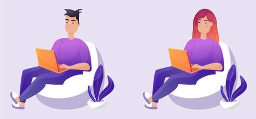 Work at home, coworking, illustration concept. Young people working on laptop at home, quarantined at home. Online career, Freelancers working remotely. Vector illustration in flat style with gradient