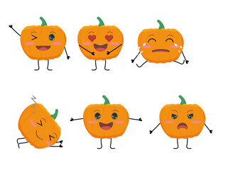 Vector Pumpkin set. Cute set of pumpkin characters, white background. Halloween.