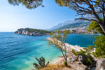 view on Makarska town with beach and biokovo mountains in Dalmatia in Croatia