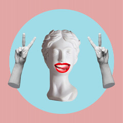 Antique female statue showing a peace gesture with hands and tongue isolated on a blue and pink color background. Trendy abstact collage in magazine surreal style. 3d contemporary art. Modern design