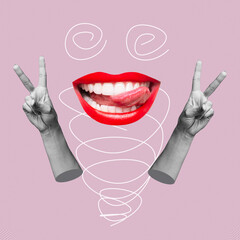 Two female hands showing a peace gesture and woman mouth with red lips showing tongue isolated on a pink color background. Trendy abstact collage in magazine style. 3d contemporary art. Modern design