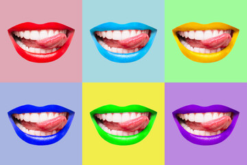 Women smiling mouths with glossy lips showing tongue isolated on backgrounds of six different colors. Smiles, joy, positive emotions. Trendy collage in magazine style. Contemporary art. Modern design