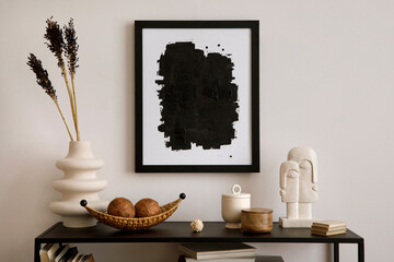 The stylish composition of minimalistic interior with mock up.  Black commode, vase with dried...