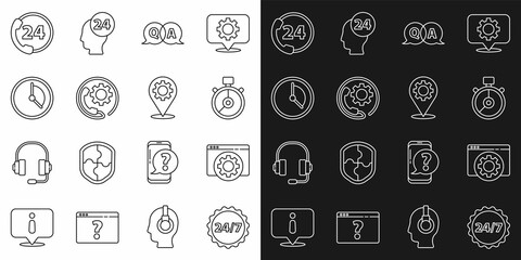 Set line Clock 24 hours, Browser setting, Stopwatch, Question and Answer, Telephone support, Time Management, and Location with gear icon. Vector