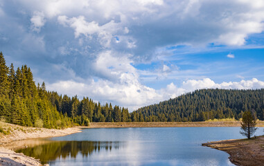 Fototapeta na wymiar Lake with clear water and stone shore in spruce forest with fir trees against a daytime sky