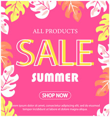 Summer sale and discount. Vector stock illustration. Pink background. Palm leaves. plastic figures