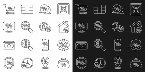 Set line Purse money percent, Gear with, House percant discount, Discount tag, Magnifying glass, Shopping cart and Money coin icon. Vector