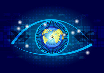 The globe in the eye on circuit and dots, technology background.