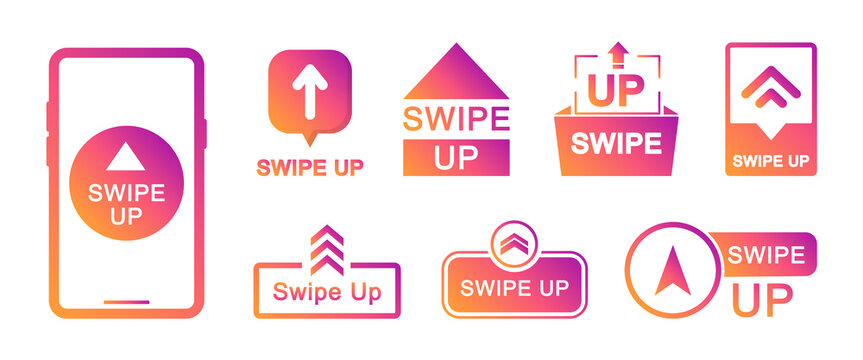 Swipe up icon set. Arrow up buttons. Swipe Up icons for social media stories. Scroll pictogram. Web icons for advertising and marketing. Vector illustration.