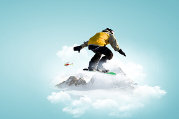 Snowboarder and Alps landscape . Mixed media