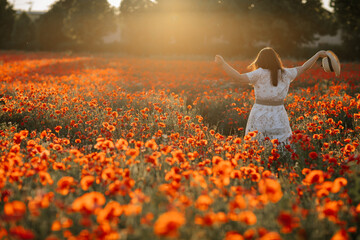 Scenic picturesque of beautiful girl in white and beige dress and straw hat in poppy field at sunset, Portrait of romantic young woman with flowers, body positivity, Selective focus natural light