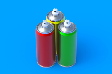 Metallic cans of spray paint. Hairspray or lacquer. Disinfectant sprayer. Renovation equipment. Gas in aerosol container. Tool for street art. 3d illustration