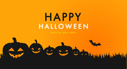 Halloween party invitations, greeting cards or posters with calligraphy, pumpkins, bats, trees.