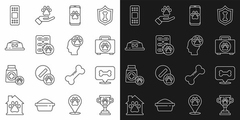 Set line Pet award, Dog bone, first aid kit, Veterinary clinic, pill, food bowl, Bandage plaster and Human with animals footprint icon. Vector