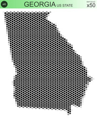 Dotted map of the state of Georgia in the USA, from circles placed in hexagons. Scaled 50x50 elements. With rough edges from a grayscale gradient on a white background.