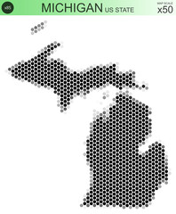 Dotted map of the state of Michigan in the USA, from circles placed in hexagons. Scaled 50x50 elements. With rough edges from a grayscale gradient on a white background.