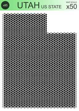 Dotted map of the state of Utah in the USA, from circles placed in hexagons. Scaled 50x50 elements. With rough edges from a grayscale gradient on a white background.