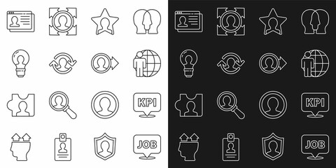 Set line Speech bubble with job, Key performance indicator, Head hunting, Human resources, lamp bulb, Resume and Create account screen icon. Vector