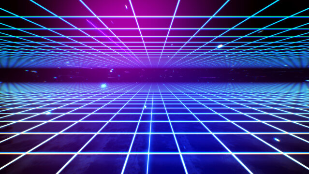 Futuristic sci-fi technology grid 80s background, 3d rendering.