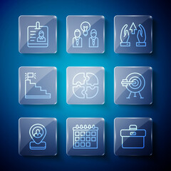 Set line Worker location, Calendar, Briefcase, Growth chart and progress, Piece of puzzle, Stair with finish flag, Identification badge and Target arrow icon. Vector